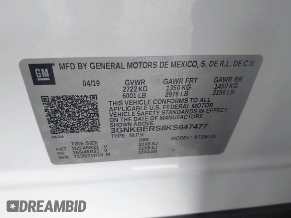 2019 Chevrolet Blazer RS z VIN 3GNKBERS8KS647477, wystawiony jako IAAI lot #42035058 z przebiegiem 81 205 mil mil oraz . Historia ofert i sprzedaży dostępna na DreamBid. Obrazek 9.