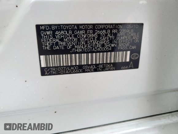 2010 Lexus ES 330 with VIN JTHBK1EG1A2400054, listed as a Copart auction lot 55506805 with 240,289 mi miles and Salvage Title. Bid and sale history available at DreamBid. Image 12.
