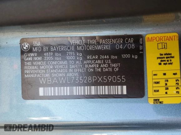 2008 BMW 3 Series 335i with VIN WBAWL73528PX59055, listed as a Copart auction lot 49181635 with 69,889 mi miles and Salvage title. Bid and sale history available at DreamBid. Image 13.