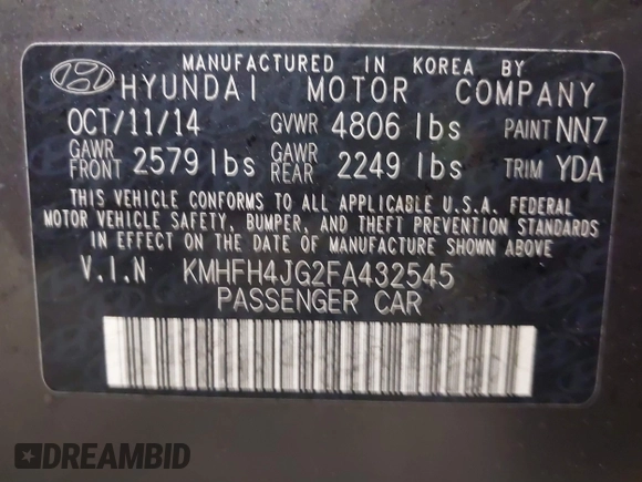 2015 Hyundai Azera Limited z VIN KMHFH4JG2FA432545, wystawiony jako IAAI lot #41329236 z przebiegiem 98 661 mil mil oraz . Historia ofert i sprzedaży dostępna na DreamBid. Obrazek 9.