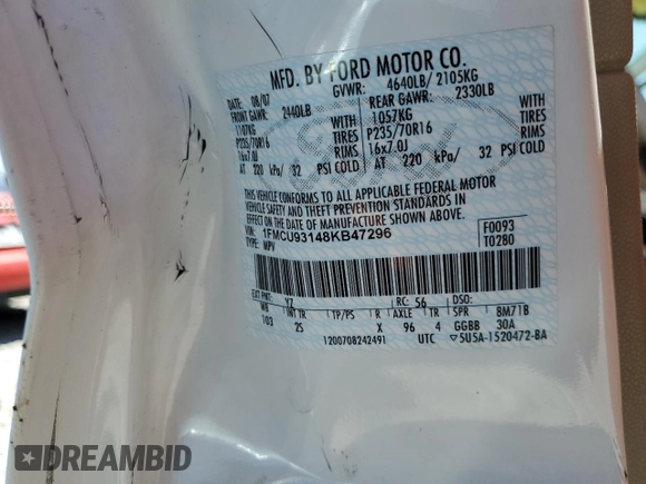 2008 Ford Escape XLT with VIN 1FMCU93148KB47296, listed as a Copart auction lot 58793065 with 116,218 mi miles and Salvage title. Bid and sale history available at DreamBid. Image 12.
