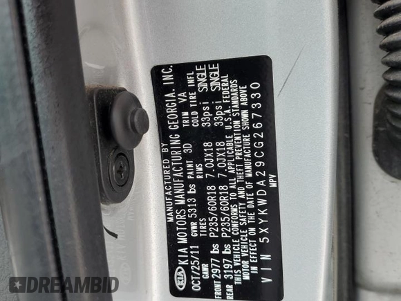 2012 Kia Sorento SX with VIN 5XYKWDA29CG267330, listed as a Copart auction lot 58859445 with 208,264 mi miles and Clean title. Bid and sale history available at DreamBid. Image 13.