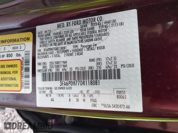 2013 Ford Fusion SE with VIN 3FA6P0H77DR118081, listed as a IAAI auction lot 42207260 with 201,638 mi miles and . Bid and sale history available at DreamBid. Image 9.