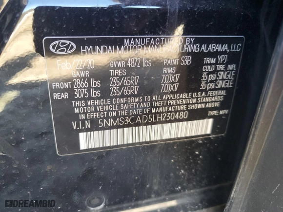 2020 Hyundai Santa Fe SEL with VIN 5NMS3CAD5LH230480, listed as a Copart auction lot 49781465 with 50,756 mi miles and Salvage Title. Bid and sale history available at carsss.com. Image 13.
