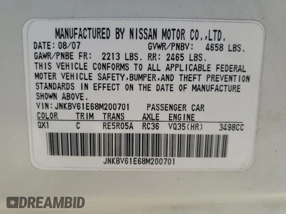 2008 Infiniti G35 with VIN JNKBV61E68M200701, listed as a Copart auction lot 83180054 with 193,642 mi miles and Salvage Title. Bid and sale history available at DreamBid. Image 12.