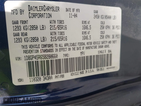2005 Dodge Caravan SXT with VIN 1D8GP45R65B280660, listed as a IAAI auction lot 42169027 with 246,407 mi miles and . Bid and sale history available at carsss.com. Image 9.