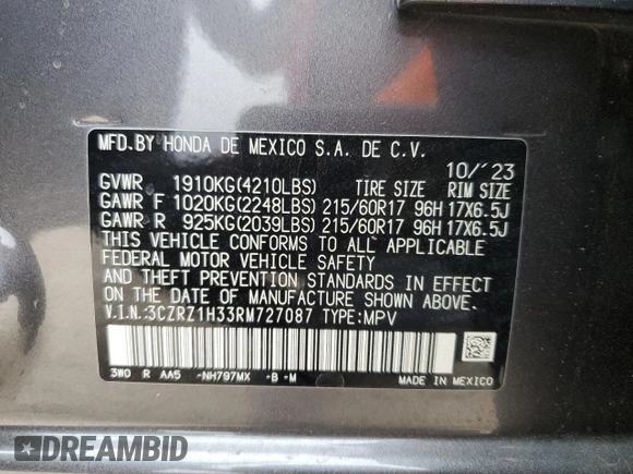 2024 Honda HR-V LX with VIN 3CZRZ1H33RM727087, listed as a Copart auction lot 42798335 with 10,722 mi miles and Salvage Title. Bid and sale history available at carsss.com. Image 15.