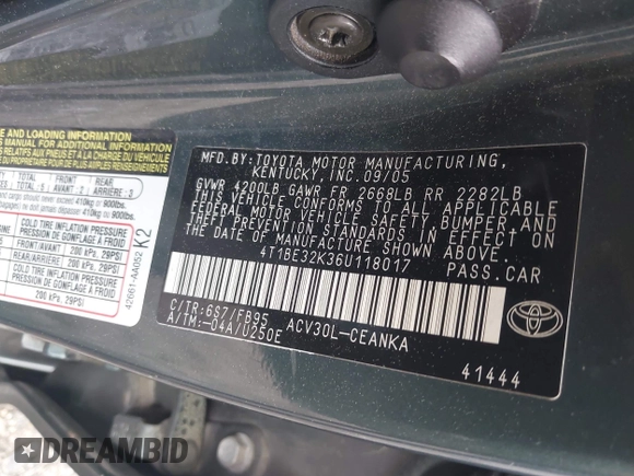 2006 Toyota Camry STD with VIN 4T1BE32K36U118017, listed as a IAAI auction lot 41958626 with 217,807 mi miles and . Bid and sale history available at DreamBid. Image 9.