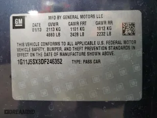 2013 Chevrolet Malibu LTZ with VIN 1G11J5SX3DF246352, listed as a Copart auction lot 49955335 with 172,427 mi miles and Salvage Title. Bid and sale history available at carsss.com. Image 12.