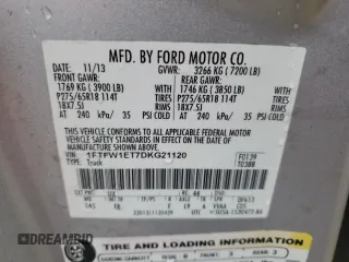 2013 Ford F-150 XL with VIN 1FTFW1ET7DKG21120, listed as a Copart auction lot 60106235 with 123,446 mi miles and Salvage title. Bid and sale history available at DreamBid. Image 12.