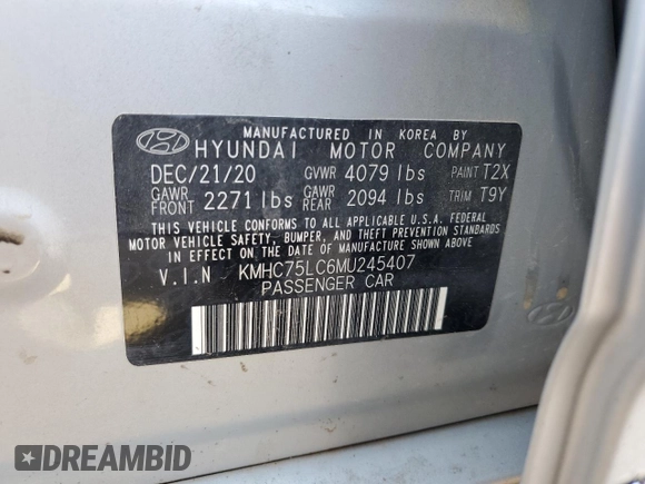 2021 Hyundai Ioniq SE with VIN KMHC75LC6MU245407, listed as a Copart auction lot 63655274 with 68,085 mi miles and Clean Title. Bid and sale history available at DreamBid. Image 12.