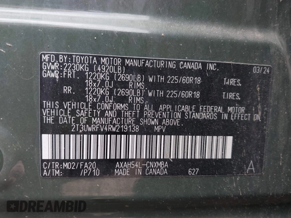 2024 Toyota RAV4 Hybrid LE with VIN 2T3UWRFV4RW219138, listed as a IAAI auction lot 42268211 with 12,423 mi miles and . Bid and sale history available at DreamBid. Image 9.