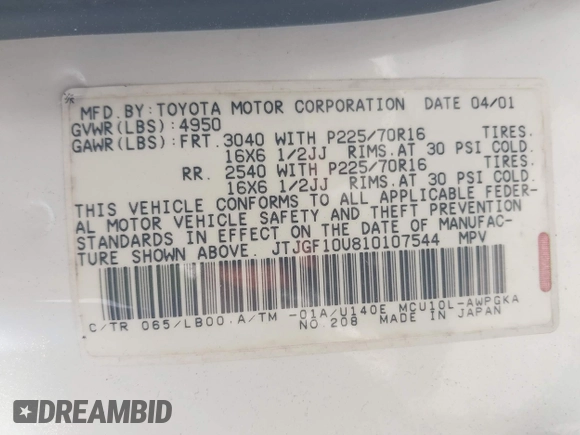 2001 Lexus RX 300 with VIN JTJGF10U810107544, listed as a IAAI auction lot 42151010 with 147,735 mi miles and . Bid and sale history available at DreamBid. Image 9.