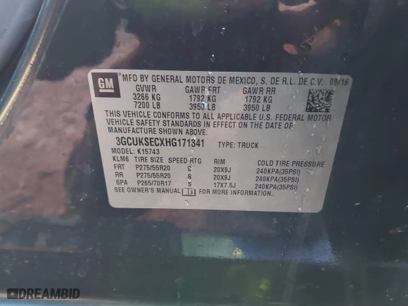 2017 Chevrolet Silverado 1500 LTZ with VIN 3GCUKSECXHG171341, listed as a IAAI auction lot 41630844 with 123,459 mi miles. Bid and sale history available at carsss.com. Image 9.