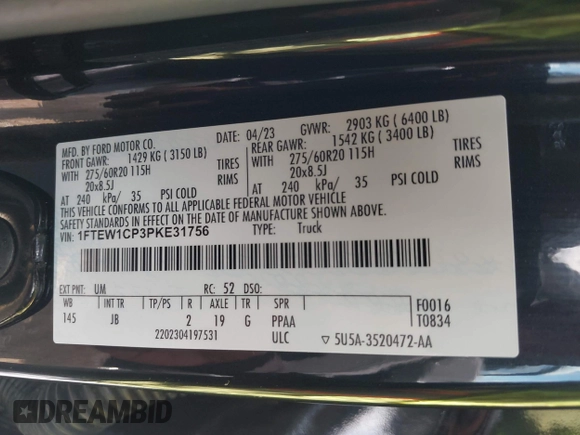 2023 Ford F-150 XL with VIN 1FTEW1CP3PKE31756, listed as a IAAI auction lot 42242178 with 15,370 mi miles and . Bid and sale history available at DreamBid. Image 9.
