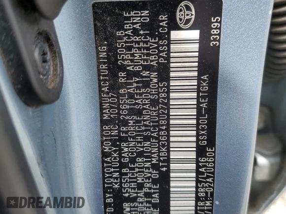 2008 Toyota Avalon XL with VIN 4T1BK36B48U272855, listed as a Copart auction lot 56132705 with Not Provided miles and Clean Title. Bid and sale history available at DreamBid. Image 12.