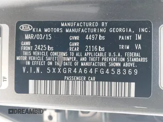 2015 Kia Optima SXL Turbo with VIN 5XXGR4A64FG458369, listed as a IAAI auction lot 42054396 with 143,750 mi miles and . Bid and sale history available at DreamBid. Image 9.