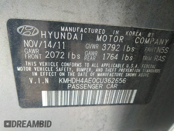 2012 Hyundai Elantra GLS с VIN KMHDH4AE0CU362656, выставлен на аукционе IAAI как лот 42291730 с пробегом 209 900 миль миль и . История ставок и продаж доступна на DreamBid. Изображение 9.