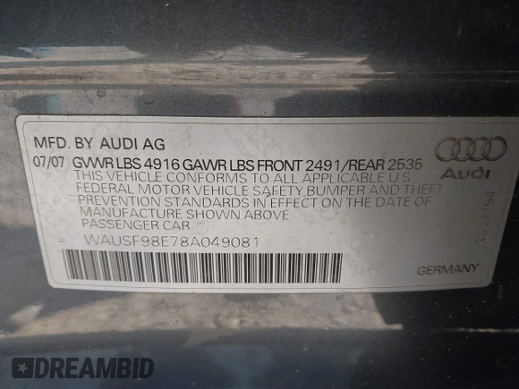 2008 Audi A4 с VIN WAUSF98E78A049081, выставлен на аукционе IAAI как лот 41828768 с пробегом 250 540 миль миль и . История ставок и продаж доступна на DreamBid. Изображение 9.