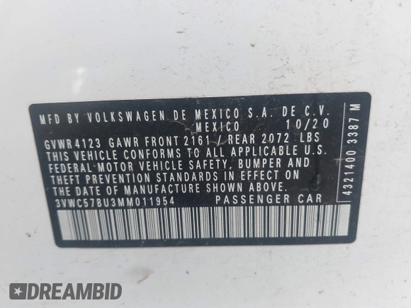 2021 Volkswagen Jetta S with VIN 3VWC57BU3MM011954, listed as a IAAI auction lot 42518577 with 40,605 mi miles and . Bid and sale history available at DreamBid. Image 9.