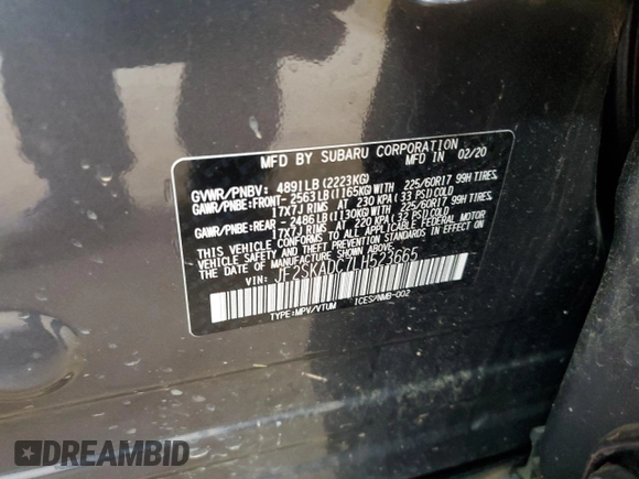 2020 Subaru Forester with VIN JF2SKADC7LH523665, listed as a Copart auction lot 56283615 with 95,370 mi miles and Salvage title. Bid and sale history available at DreamBid. Image 13.