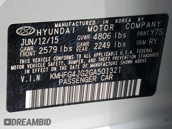 2016 Hyundai Azera with VIN KMHFG4JG2GA501321, listed as a Copart auction lot 50603855 with 60,355 mi miles and Salvage title. Bid and sale history available at DreamBid. Image 14.