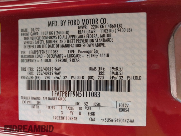 2022 Ford Mustang GT Premium with VIN 1FATP8FF9N5111083, listed as a IAAI auction lot 40526138 with 24,400 mi miles. Bid and sale history available at carsss.com. Image 9.