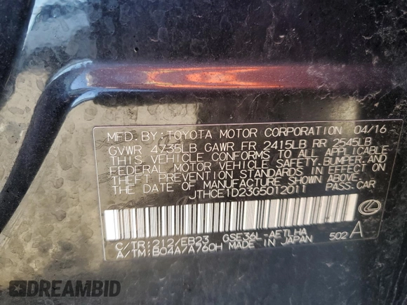 2016 Lexus IS 350 with VIN JTHCE1D23G5012011, listed as a Copart auction lot 49539255 with 103,878 mi miles and Salvage title. Bid and sale history available at DreamBid. Image 14.