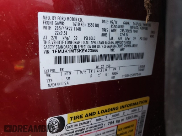 2019 Ford Expedition Max Platinum with VIN 1FMJK1MT6KEA23566, listed as a Copart auction lot 84146234 with Not provided miles and Salvage title. Bid and sale history available at DreamBid. Image 13.