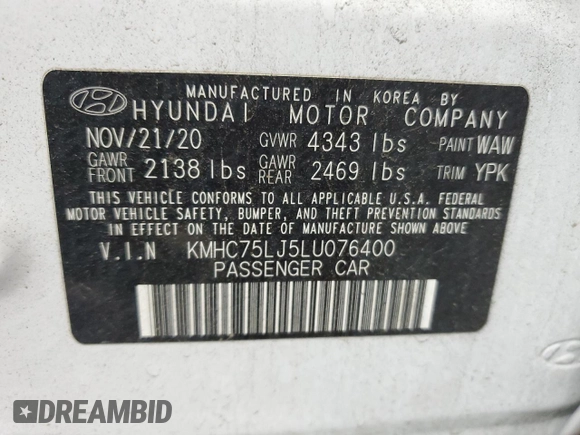2020 Hyundai Ioniq SE with VIN KMHC75LJ5LU076400, listed as a Copart auction lot 48662015 with 32,300 mi miles and Clean title. Bid and sale history available at DreamBid. Image 12.