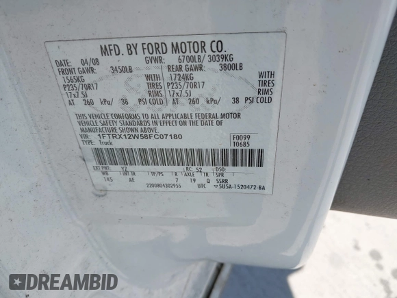 2008 Ford F-150 STX with VIN 1FTRX12W58FC07180, listed as a IAAI auction lot 41976049 with 176,872 mi miles and . Bid and sale history available at DreamBid. Image 9.