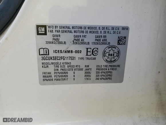 2015 Chevrolet Silverado 1500 LTZ with VIN 3GCUKSEC2FG117531, listed as a Copart auction lot 43966355 with 171,196 mi miles and Salvage Title. Bid and sale history available at carsss.com. Image 12.