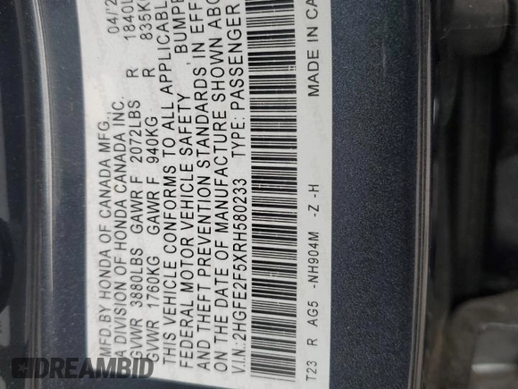 2024 Honda Civic Sport z VIN 2HGFE2F5XRH580233, wystawiony jako Copart lot #52956535 z przebiegiem 9 852 mil mil oraz Szkoda całkowita • Salvage title. Historia ofert i sprzedaży dostępna na DreamBid. Obrazek 14.