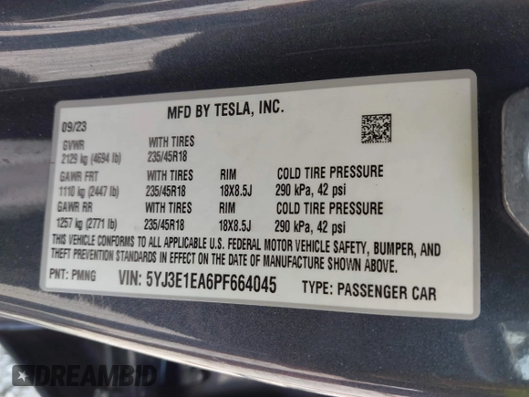 2023 Tesla Model 3 with VIN 5YJ3E1EA6PF664045, listed as a IAAI auction lot 42561039 with 18,708 mi miles and . Bid and sale history available at DreamBid. Image 9.