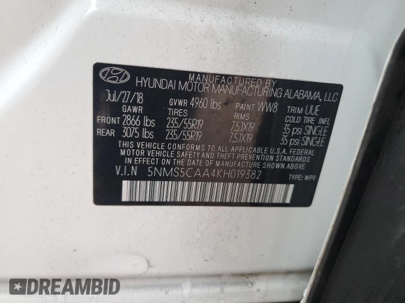 2019 Hyundai Santa Fe Ultimate with VIN 5NMS5CAA4KH019382, listed as a Copart auction lot 44592955 with 120,797 mi miles and Salvage Title. Bid and sale history available at carsss.com. Image 15.