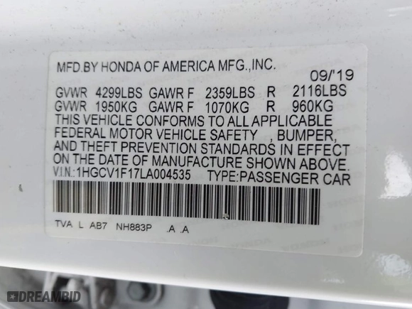 2020 Honda Accord Sedan LX with VIN 1HGCV1F17LA004535, listed as a IAAI auction lot 41936148 with 136,147 mi miles. Bid and sale history available at carsss.com. Image 9.