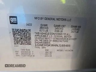 2022 Chevrolet Traverse LT Cloth z VIN 1GNEVGKW4NJ169495, wystawiony jako IAAI lot #42566410 z przebiegiem 34 588 mil mil oraz . Historia ofert i sprzedaży dostępna na DreamBid. Obrazek 5.
