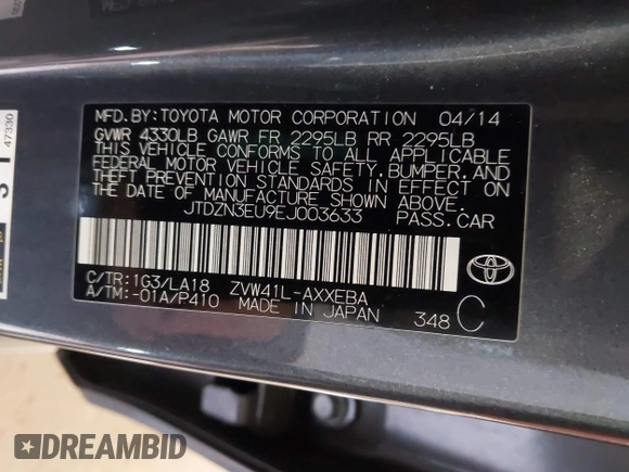 2014 Toyota Prius Two with VIN JTDZN3EU9EJ003633, listed as a IAAI auction lot 41969899 with 138,235 mi miles and . Bid and sale history available at DreamBid. Image 9.