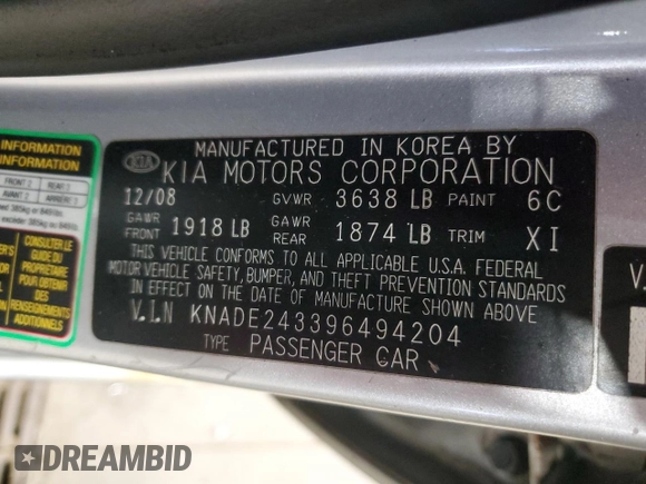 2009 Kia Rio LX with VIN KNADE243396494204, listed as a Copart auction lot 51351255 with 146,724 mi miles and Clean Title. Bid and sale history available at carsss.com. Image 12.