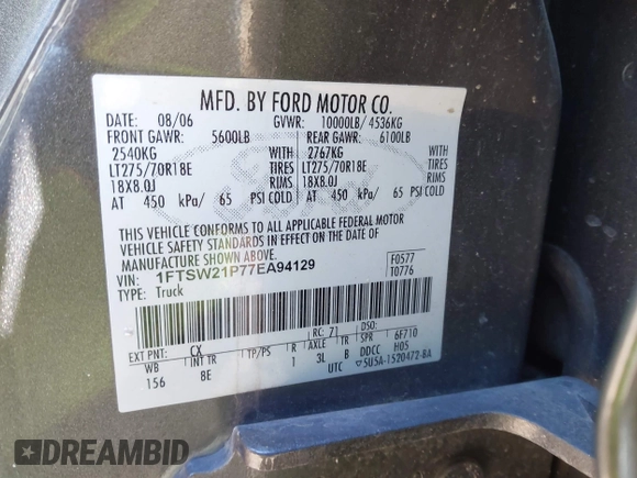 2007 Ford F-250 XL with VIN 1FTSW21P77EA94129, listed as a IAAI auction lot 41396679 with 127,121 mi miles and . Bid and sale history available at DreamBid. Image 9.