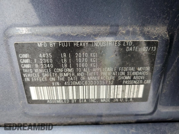 2013 Subaru Legacy Premium with VIN 4S3BMBC63D3035712, listed as a Copart auction lot 60236995 with 163,072 mi miles and Salvage title. Bid and sale history available at DreamBid. Image 12.