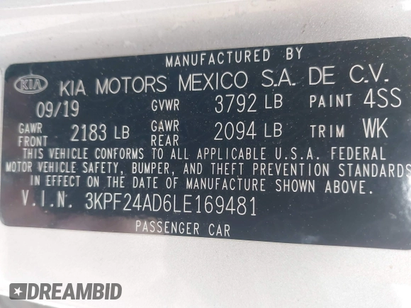 2020 Kia Forte LXS with VIN 3KPF24AD6LE169481, listed as a IAAI auction lot 41560064 with 88,871 mi miles and . Bid and sale history available at carsss.com. Image 9.