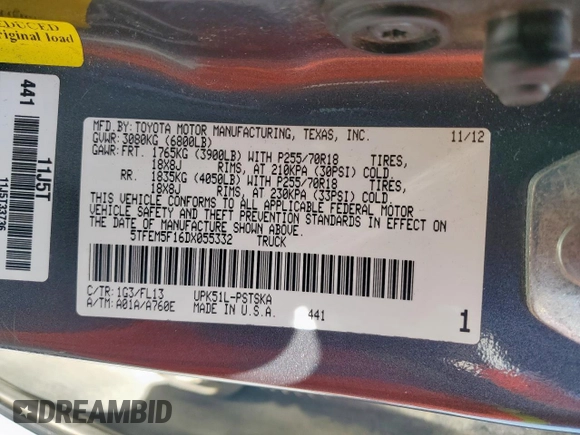 2013 Toyota Tundra z VIN 5TFEM5F16DX055332, wystawiony jako Copart lot #53103615 z przebiegiem 155 542 mil mil oraz Szkoda całkowita • Salvage title. Historia ofert i sprzedaży dostępna na DreamBid. Obrazek 12.