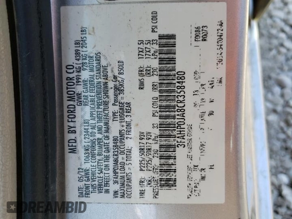 2012 Ford Fusion SEL with VIN 3FAHP0JA8CR358480, listed as a Copart auction lot 49973814 with 144,358 mi miles and Salvage Title. Bid and sale history available at carsss.com. Image 12.