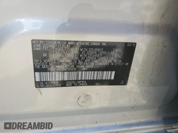 2012 Toyota RAV4 с VIN 2T3BF4DV3CW200939, выставлен на аукционе Copart как лот 62145805 с пробегом 82 782 миль миль и Списание • Salvage title. История ставок и продаж доступна на DreamBid. Изображение 13.