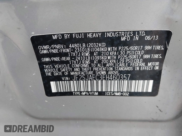 2014 Subaru Forester 2.5i Premium with VIN JF2SJAEC3EH460357, listed as a IAAI auction lot 41914074 with 232,783 mi miles. Bid and sale history available at carsss.com. Image 9.