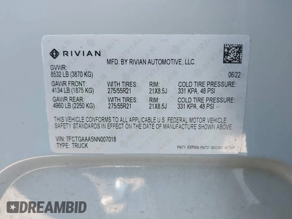 2022 Rivian R1T Adventure z VIN 7FCTGAAA5NN007018, wystawiony jako IAAI lot #42018939 z przebiegiem 41 991 mil mil oraz . Historia ofert i sprzedaży dostępna na DreamBid. Obrazek 9.