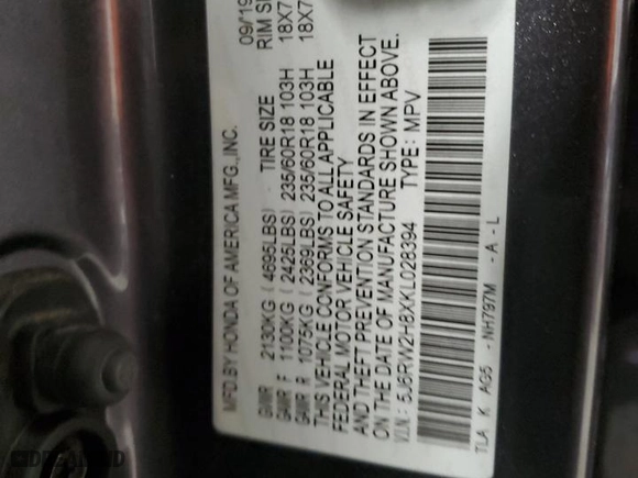 2019 Honda CR-V EX-L with VIN 5J6RW2H8XKL028394, listed as a Copart auction lot 49551765 with 118,429 mi miles and Non Repairable. Bid and sale history available at carsss.com. Image 16.