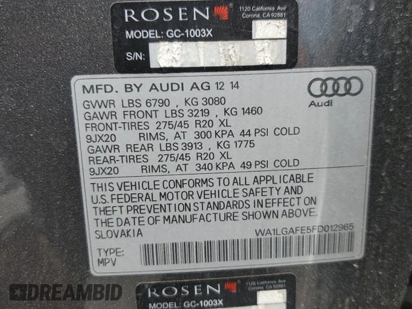 2015 Audi Q7 Premium Plus with VIN WA1LGAFE5FD012965, listed as a Copart auction lot 63712265 with 64,851 mi miles and Salvage title. Bid and sale history available at DreamBid. Image 14.
