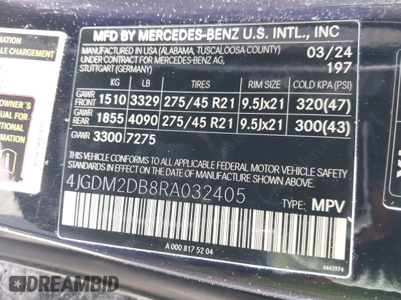 2024 Mercedes-Benz EQS 450+ z VIN 4JGDM2DB8RA032405, wystawiony jako IAAI lot #42034859 z przebiegiem 15 769 mil mil oraz . Historia ofert i sprzedaży dostępna na DreamBid. Obrazek 9.